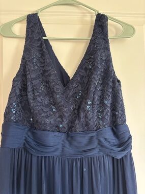 Navy Lace & Sequin V-Neck Evening Dress